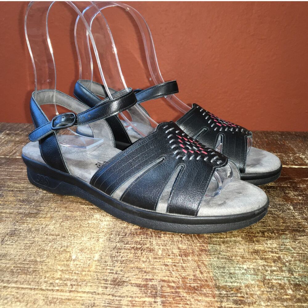 SAS Huarache Quarter Strap Sandal Womens 7 M Black Leather Southwest Woven